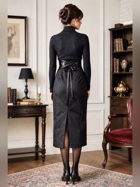 Vintage Black Corset Waist Midi Skirt Lace Up Back Dark Academia